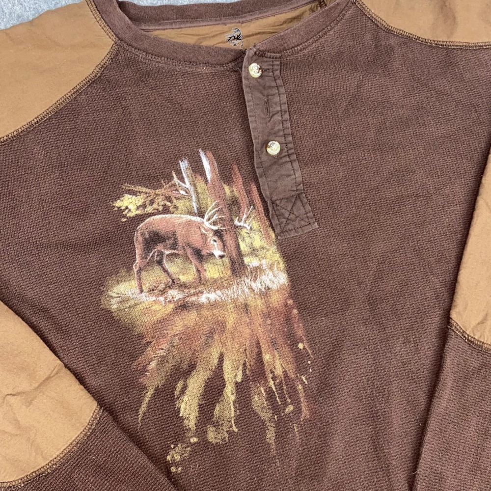 Legendary Whitetails Henley Shirt Mens XL Brown Deer Graphic Thermal Waffle Knit